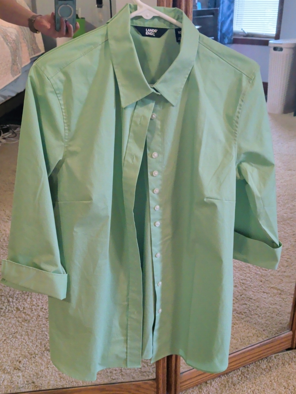 Lands' End Women's Lime Green 3/4-Sleeve Button-Down Shirt